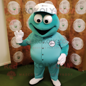 Teal Golf Ball mascot costume character dressed with a Button-Up Shirt and Cufflinks