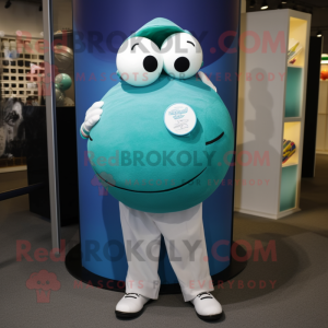 Teal Golf Ball mascot costume character dressed with a Button-Up Shirt and Cufflinks