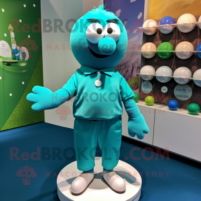 Teal Golf Ball mascot costume character dressed with a Button-Up Shirt and Cufflinks