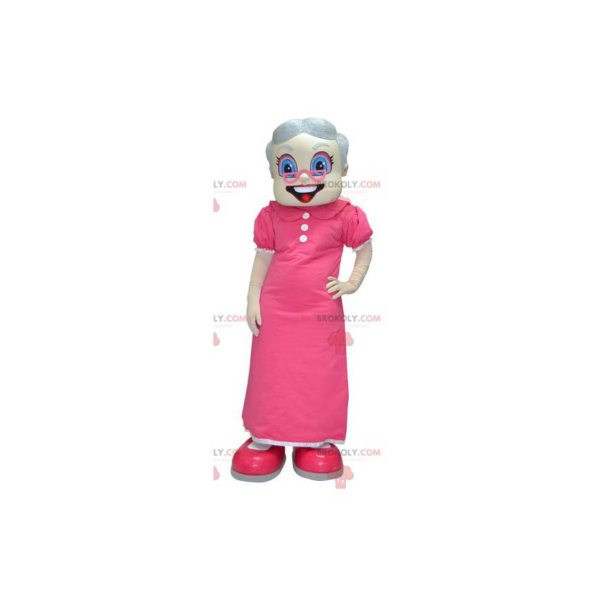 Mascotte de vieille dame de grand-mère habillée en rose -