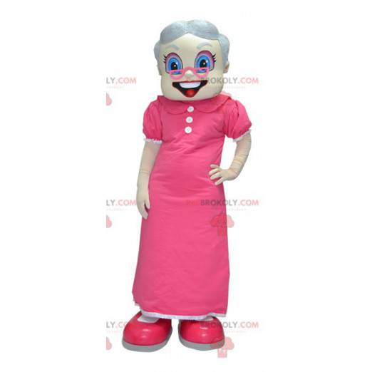 Mascotte de vieille dame de grand-mère habillée en rose -