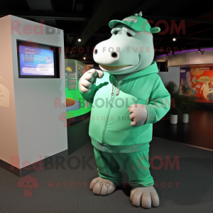 Green Hippopotamus mascot costume character dressed with a Sweatshirt and Caps