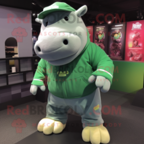 Green Hippopotamus mascot costume character dressed with a Sweatshirt and Caps