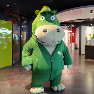 Green Hippopotamus mascot costume character dressed with a Sweatshirt and Caps