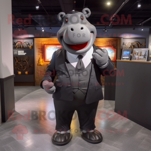 Black Hippopotamus mascot costume character dressed with a Suit Jacket and Suspenders