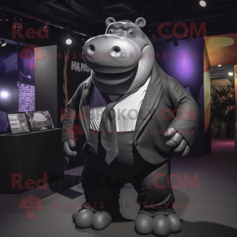 Black Hippopotamus mascot costume character dressed with a Suit Jacket and Suspenders