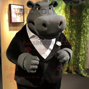 Black Hippopotamus mascot costume character dressed with a Suit Jacket and Suspenders