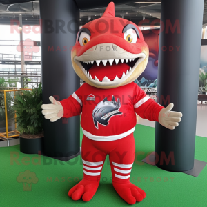 Red Shark mascot costume character dressed with a Rugby Shirt and Wraps