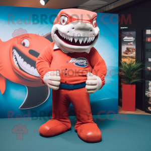 Red Shark mascot costume character dressed with a Rugby Shirt and Wraps
