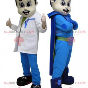 2 mascots. A superhero in blue and a futuristic doctor -