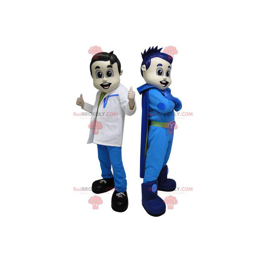 2 Maskottchen. Ein Superheld in Blau und ein futuristischer