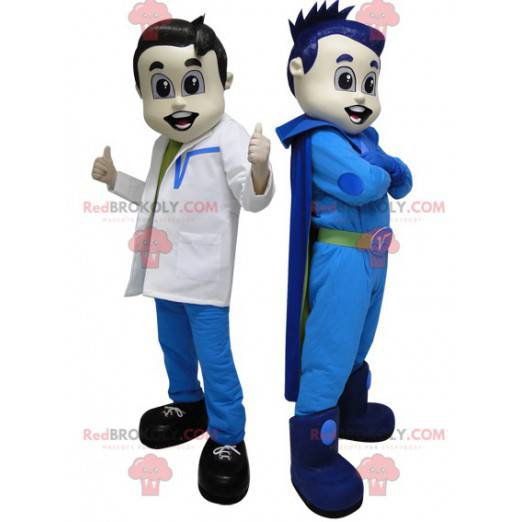 2 Maskottchen. Ein Superheld in Blau und ein futuristischer