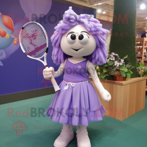 Lavender Tennis Racket mascot costume character dressed with a Pleated Skirt and Shoe clips