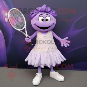 Lavender Tennis Racket mascot costume character dressed with a Pleated Skirt and Shoe clips