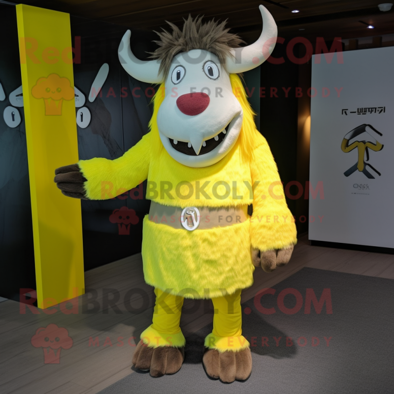 Lemon Yellow Yak mascot costume character dressed with a Romper and Foot pads