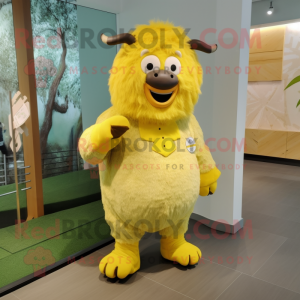 Lemon Yellow Yak mascot costume character dressed with a Romper and Foot pads