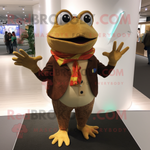 Brown Frog mascot costume character dressed with a Cardigan and Bracelets
