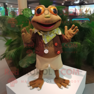 Brown Frog mascot costume character dressed with a Cardigan and Bracelets