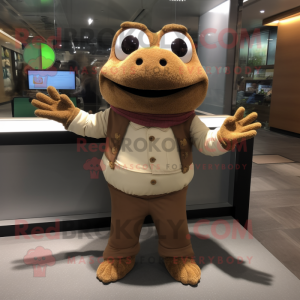 Brown Frog mascot costume character dressed with a Cardigan and Bracelets