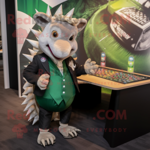 Green Armadillo mascot costume character dressed with a Blazer and Keychains