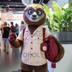 Maroon Sloth mascot costume character dressed with a Button-Up Shirt and Handbags