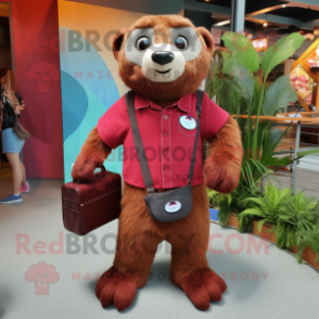 Maroon Sloth mascot costume character dressed with a Button-Up Shirt and Handbags