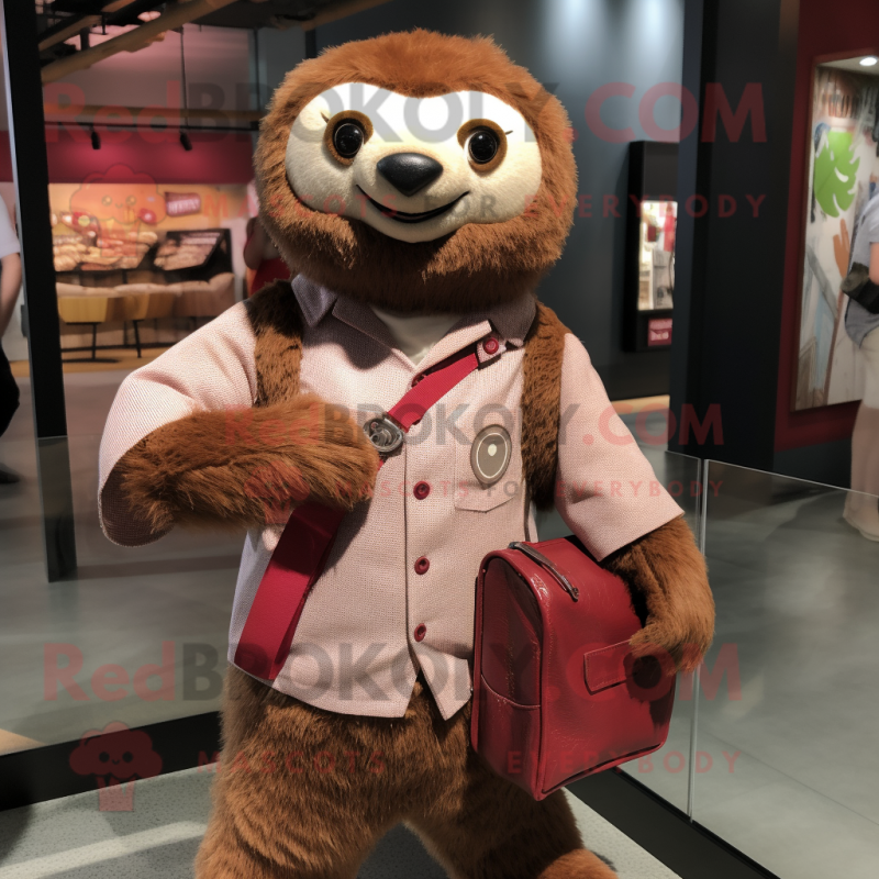 Maroon Sloth mascot costume character dressed with a Button-Up Shirt and Handbags Maroon Sloth mascot costume character dressed with a Button-Up Shirt and Handbags