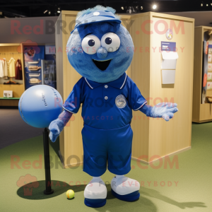 Blue Golf Ball mascot costume character dressed with a Oxford Shirt and Hairpins