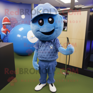 Blue Golf Ball mascot costume character dressed with a Oxford Shirt and Hairpins