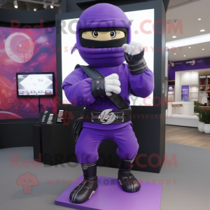 Purple Ninja mascot costume character dressed with a Rugby Shirt and Digital watches