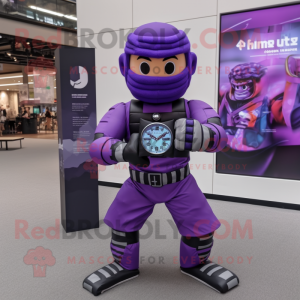 Purple Ninja mascot costume character dressed with a Rugby Shirt and Digital watches