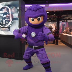 Purple Ninja mascot costume character dressed with a Rugby Shirt and Digital watches