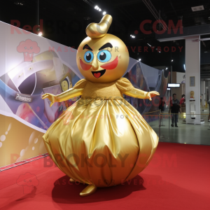 Gold Contortionist mascot costume character dressed with a Ball Gown and Suspenders