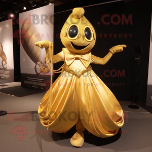 Gold Contortionist mascot costume character dressed with a Ball Gown and Suspenders