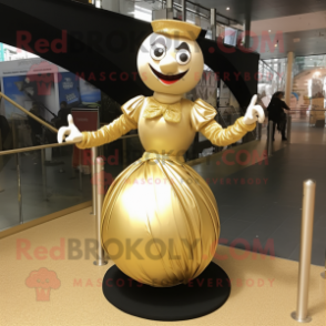 Gold Contortionist mascot costume character dressed with a Ball Gown and Suspenders