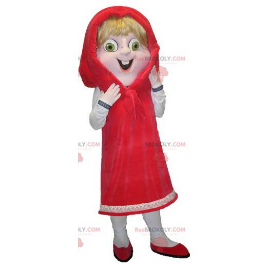Blondes Rotkäppchen-Maskottchen mit grünen Augen -