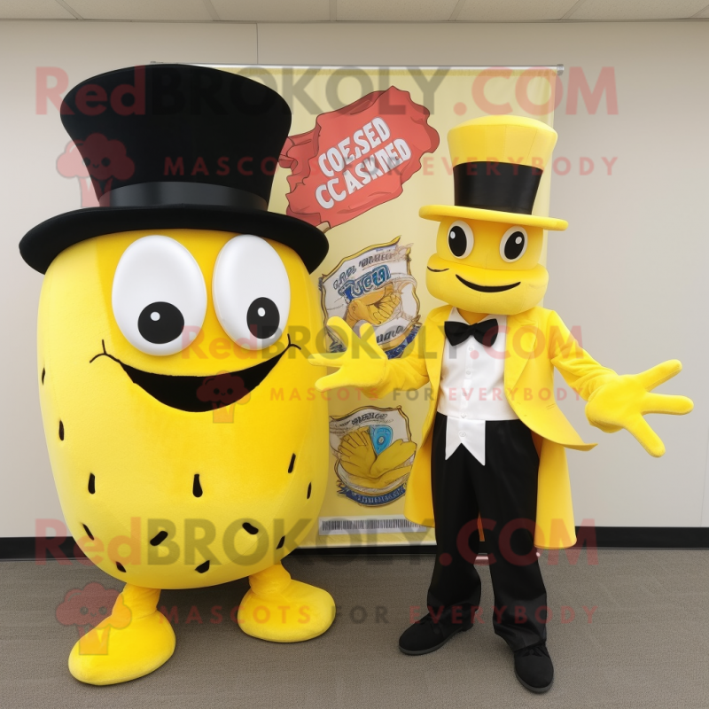 Lemon Yellow Crab Cakes mascot costume character dressed with a Tuxedo and Hats