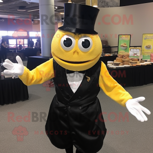 Lemon Yellow Crab Cakes mascot costume character dressed with a Tuxedo and Hats