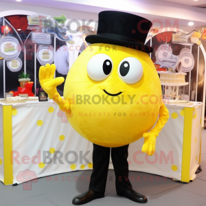 Lemon Yellow Crab Cakes mascot costume character dressed with a Tuxedo and Hats