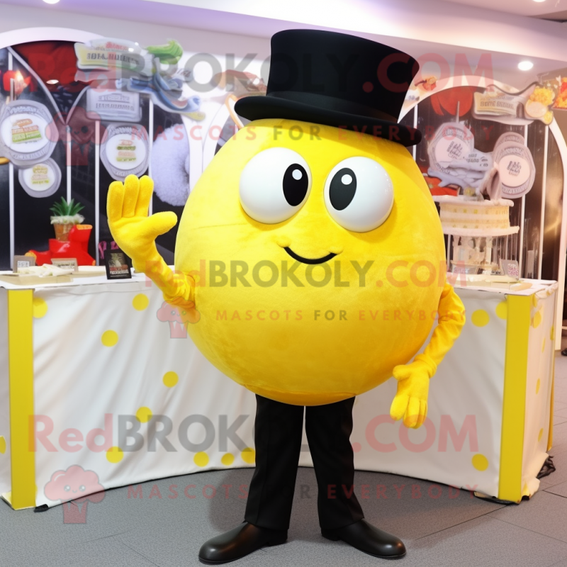 Lemon Yellow Crab Cakes mascot costume character dressed with a Tuxedo and Hats