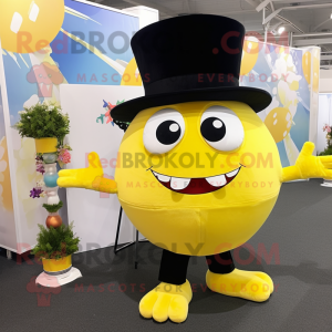 Lemon Yellow Crab Cakes mascot costume character dressed with a Tuxedo and Hats