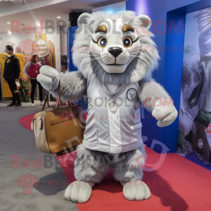 Silver Tamer Lion mascot costume character dressed with a Shift Dress and Backpacks