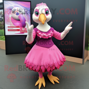 Pink Guinea Fowl mascot costume character dressed with a Circle Skirt and Gloves