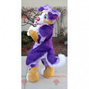 Mascote cachorro peludo roxo e branco - Redbrokoly.com