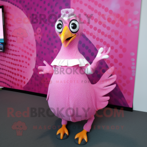 Pink Guinea Fowl mascot costume character dressed with a Circle Skirt and Gloves