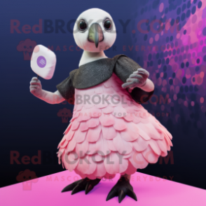 Pink Guinea Fowl mascot costume character dressed with a Circle Skirt and Gloves