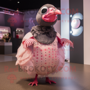 Pink Guinea Fowl mascot costume character dressed with a Circle Skirt and Gloves