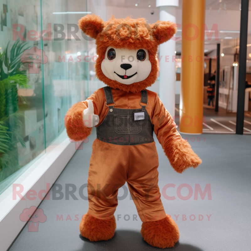 Rust Alpaca mascot costume character dressed with a Overalls and Bow ties Rust Alpaca mascot costume character dressed with a Overalls and Bow ties