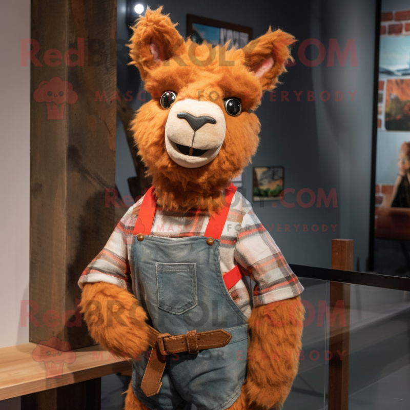 Rust Alpaca mascot costume character dressed with a Overalls and Bow ties Rust Alpaca mascot costume character dressed with a Overalls and Bow ties