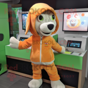 Peach Dog mascot costume character dressed with a Hoodie and Wallets